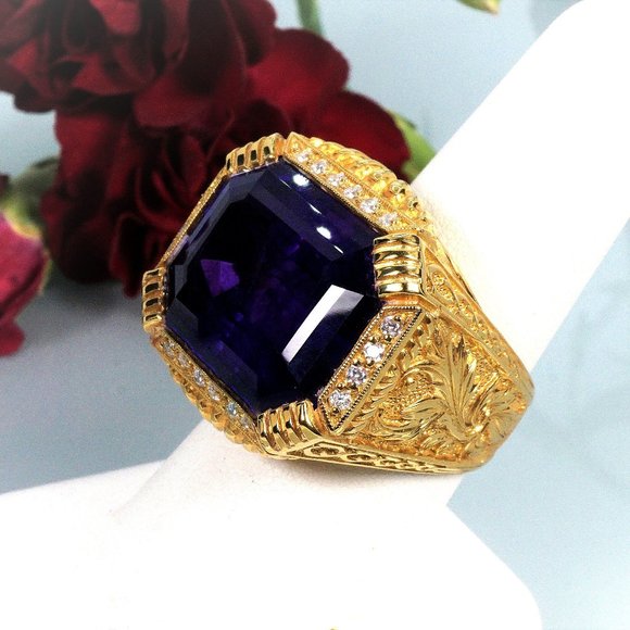 Gold-Diamond Bishop Ring, Oversized amethyst ring, Rectangular  amethyst ring - Picture 3 of 10